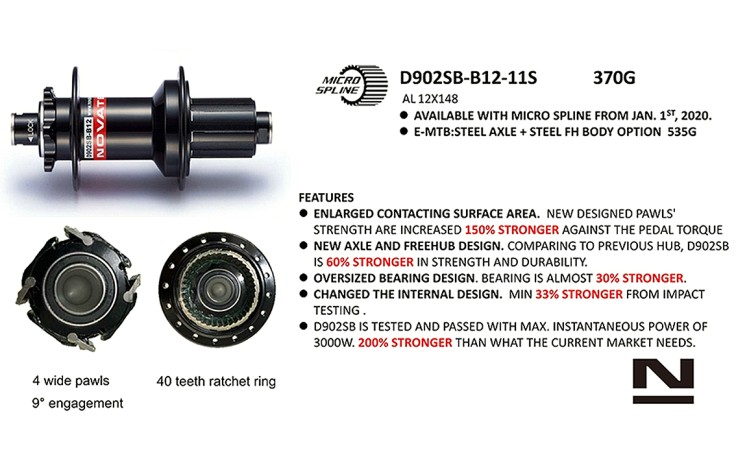 Novatec D902SB-CL-B12-A4A-S11 Stebulė galinė 12 x 148 mm thru ašis, 32H, center lock, 5 x NBK uždari guoliai, 362 g, terkšlė aliuminė, H/E440, 4 šuniukų, SRAM XD, 40T ratchet ring