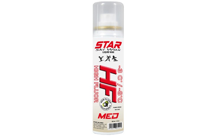 Star Ski Wax HF Med Vaškas slidėms, skystas 100 ml, -3° -8°C, daug fluoro turintis vaškas tinka lenktynėms, naudojami mažai toksiški alkoholiai užtikrina greitą išgaravimą, o tai leidžia greitai bei švariai vaškuoti